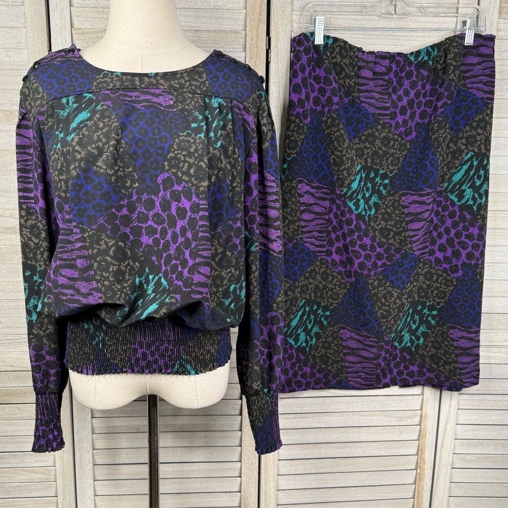 NICOLA Women's Vintage 80's Animal/Floral Print Skirt Set Purple/Multi-14
